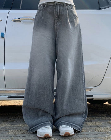 Bent Black Denim Pintuck Wide Pants